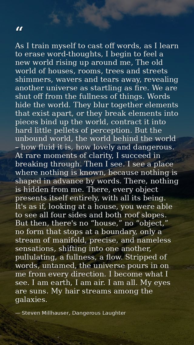 As I train myself to cast off words, as I learn to erase word-thoughts, I begin to feel a new world rising up around me, — Steven Millhauser, Dangerous Laughter