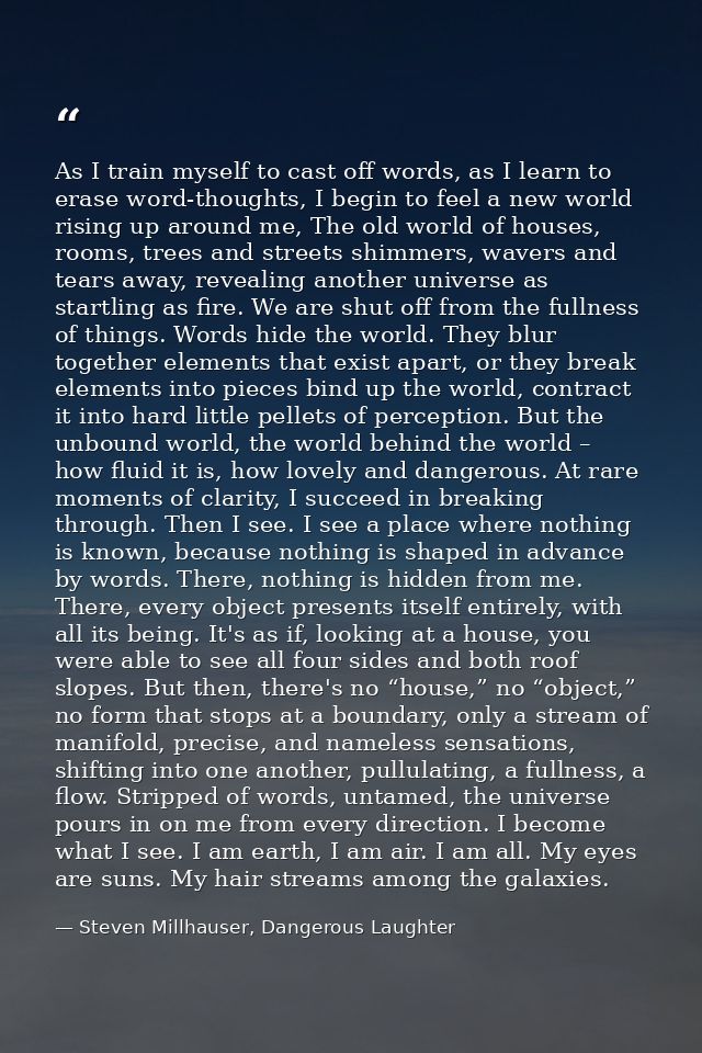 As I train myself to cast off words, as I learn to erase word-thoughts, I begin to feel a new world rising up around me, — Steven Millhauser, Dangerous Laughter