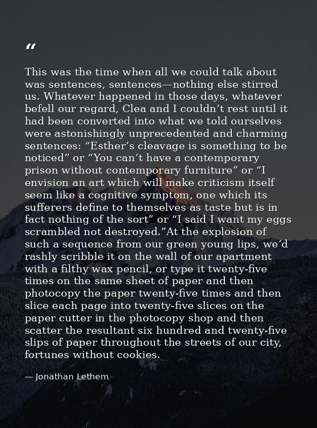 This was the time when all we could talk about was sentences, sentences—nothing else stirred us. Whatever happened in th — Jonathan Lethem