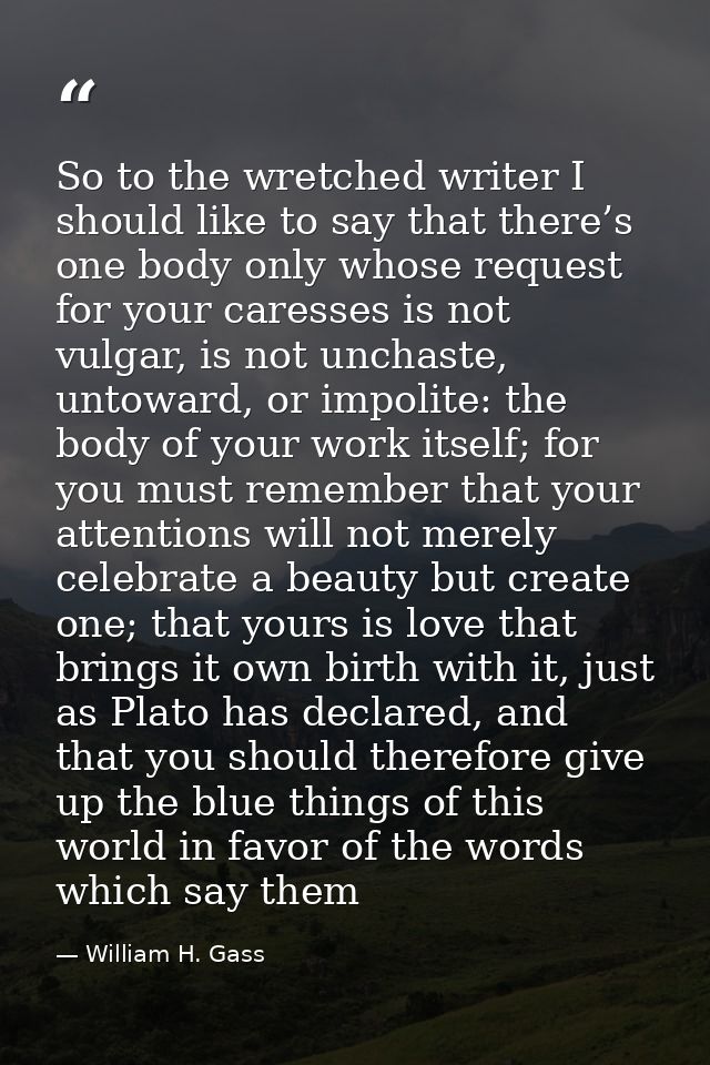 So to the wretched writer I should like to say that there’s one body only whose request for your caresses is not vulgar, — William H. Gass
