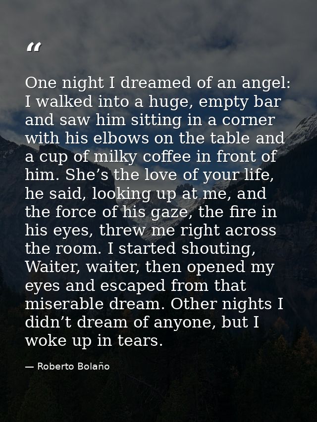 One night I dreamed of an angel: I walked into a huge, empty bar and saw him sitting in a corner with his elbows on the  — Roberto Bolaño