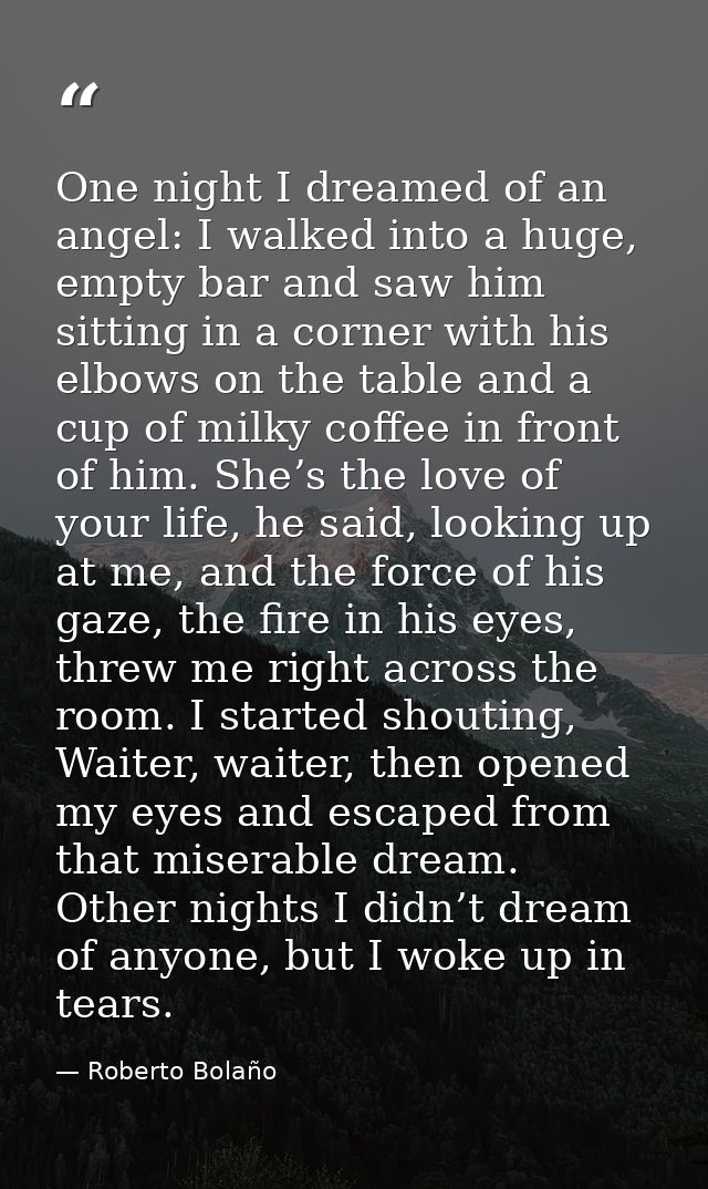 One night I dreamed of an angel: I walked into a huge, empty bar and saw him sitting in a corner with his elbows on the  — Roberto Bolaño