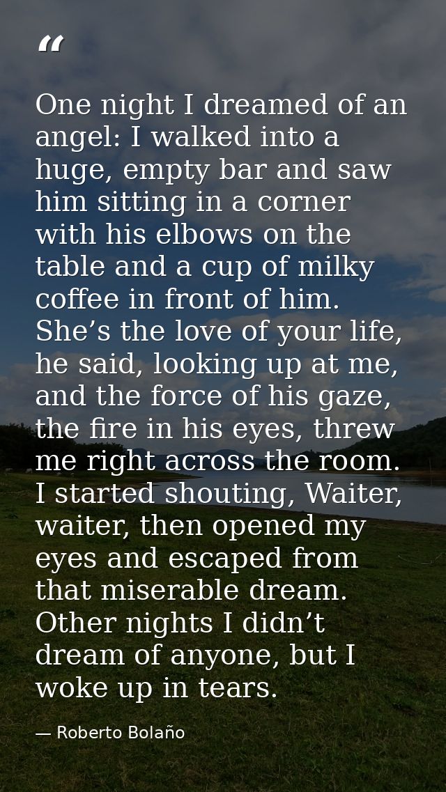 One night I dreamed of an angel: I walked into a huge, empty bar and saw him sitting in a corner with his elbows on the  — Roberto Bolaño