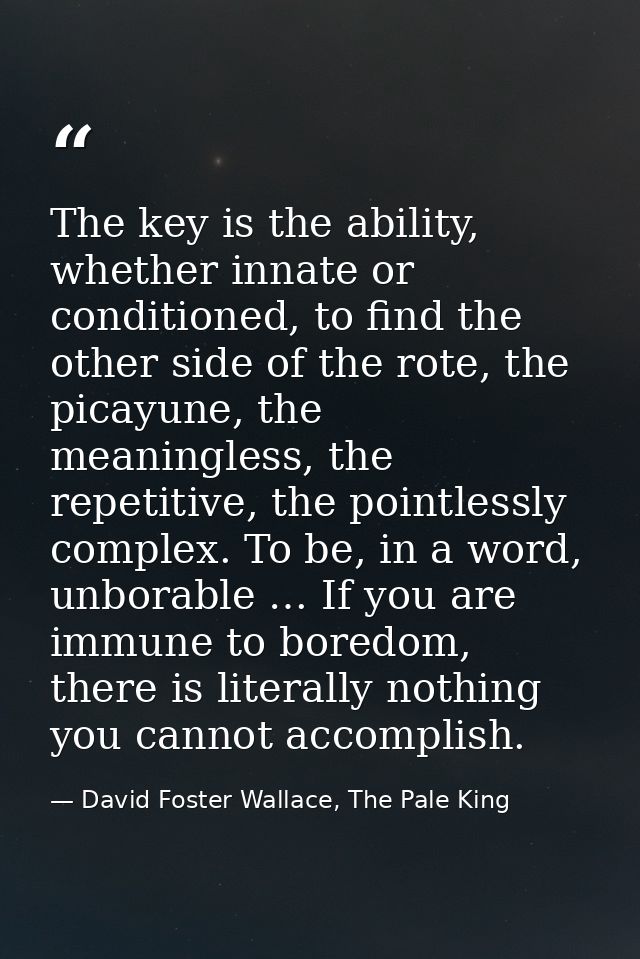 The key is the ability, whether innate or conditioned, to find the other side of the rote, the picayune, the meaningless — David Foster Wallace, The Pale King