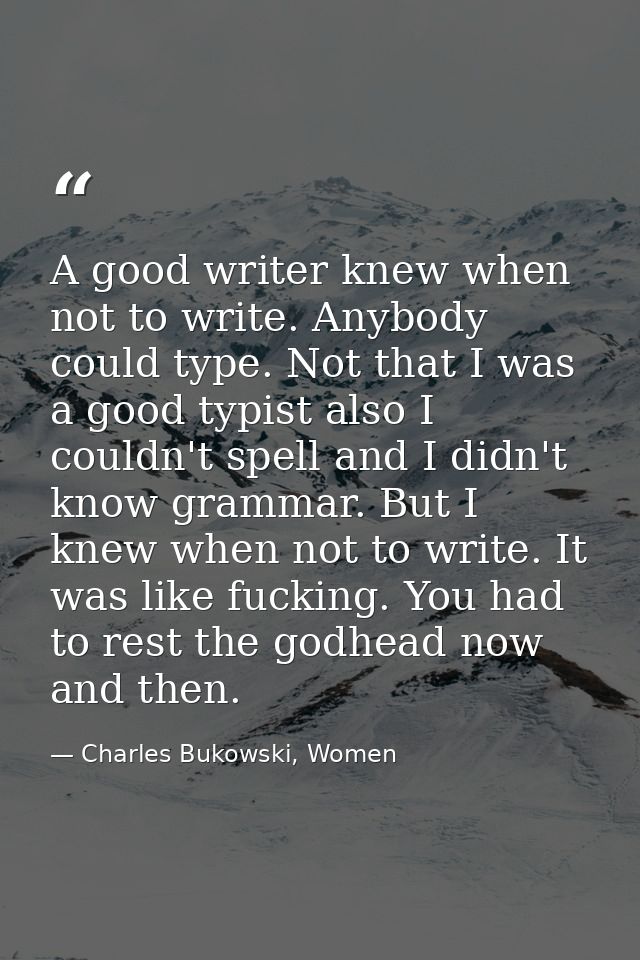 A good writer knew when not to write. Anybody could type. Not that I was a good typist also I couldn't spell and I didn' — Charles Bukowski, Women