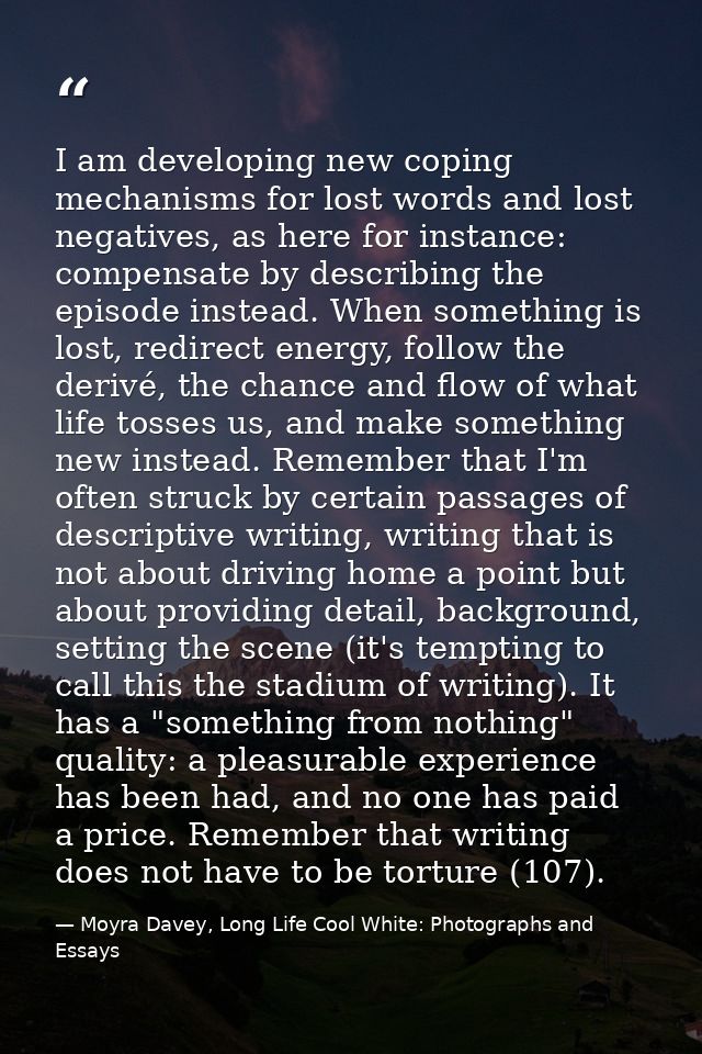 I am developing new coping mechanisms for lost words and lost negatives, as here for instance: compensate by describing  — Moyra Davey, Long Life Cool White: Photographs and Essays