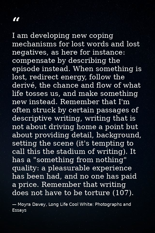 I am developing new coping mechanisms for lost words and lost negatives, as here for instance: compensate by describing  — Moyra Davey, Long Life Cool White: Photographs and Essays