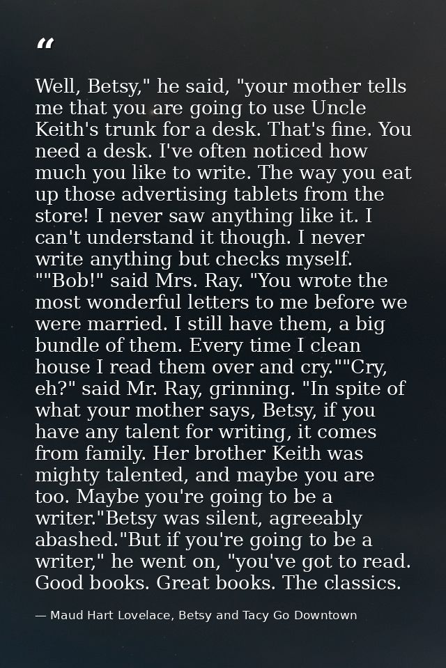 Well, Betsy," he said, "your mother tells me that you are going to use Uncle Keith's trunk for a desk. That's fine. You  — Maud Hart Lovelace, Betsy and Tacy Go Downtown