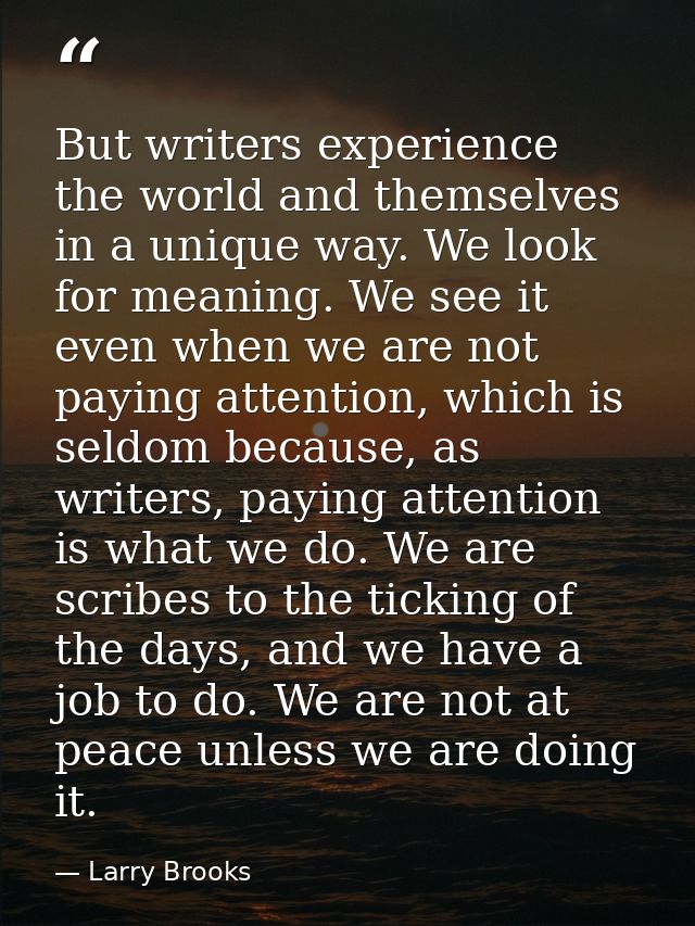 But writers experience the world and themselves in a unique way. We look for meaning. We see it even when we are not pay — Larry Brooks