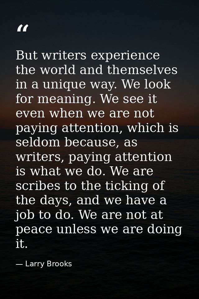 But writers experience the world and themselves in a unique way. We look for meaning. We see it even when we are not pay — Larry Brooks