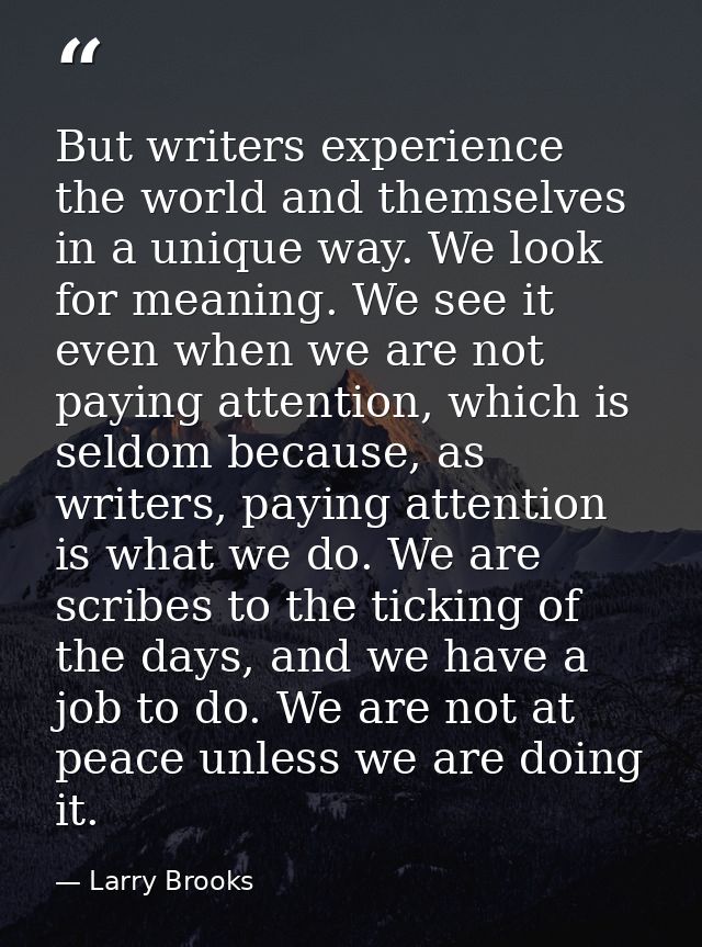 But writers experience the world and themselves in a unique way. We look for meaning. We see it even when we are not pay — Larry Brooks