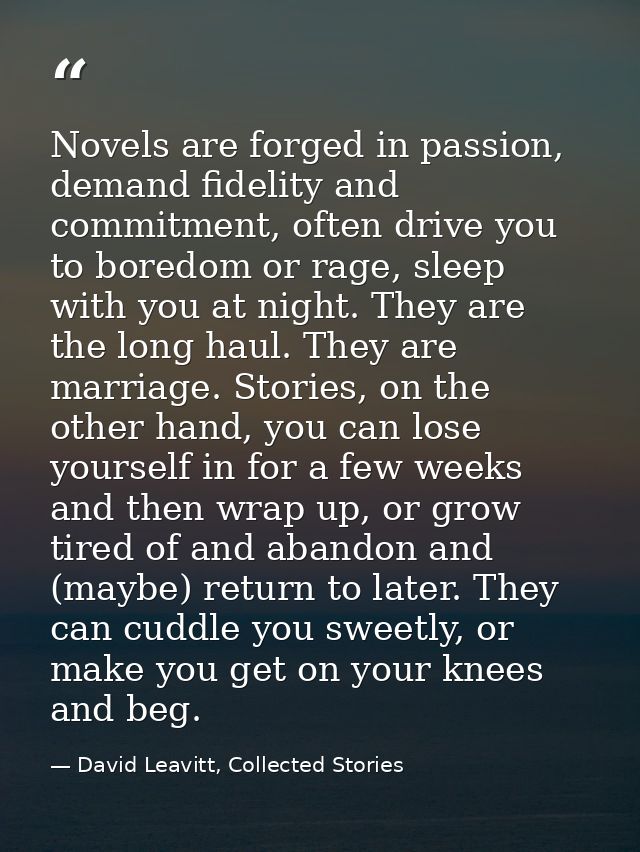 Novels are forged in passion, demand fidelity and commitment, often drive you to boredom or rage, sleep with you at nigh — David Leavitt, Collected Stories
