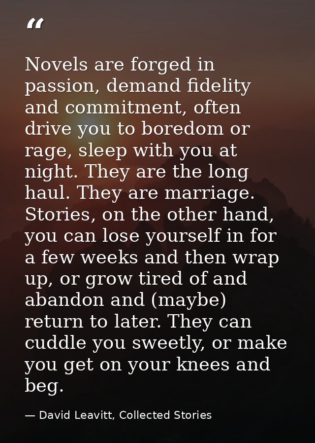 Novels are forged in passion, demand fidelity and commitment, often drive you to boredom or rage, sleep with you at nigh — David Leavitt, Collected Stories