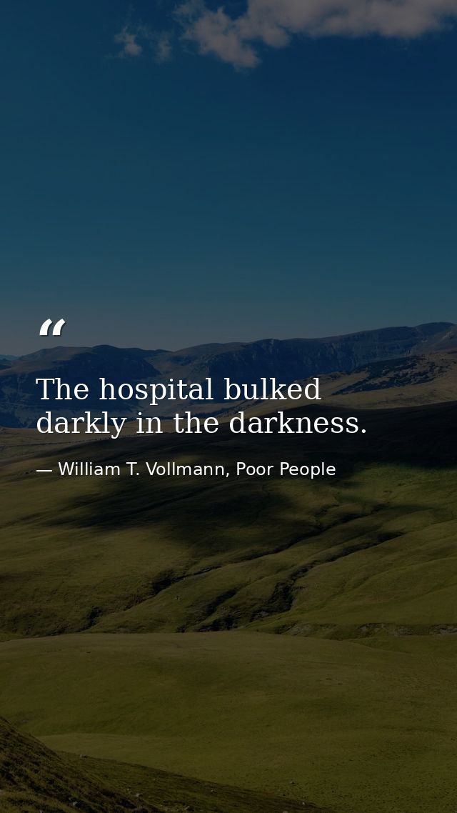 The hospital bulked darkly in the darkness. — William T. Vollmann, Poor People
