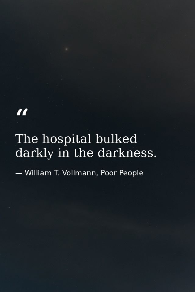 The hospital bulked darkly in the darkness. — William T. Vollmann, Poor People