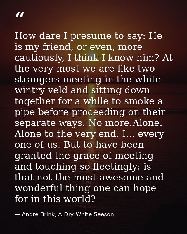 How dare I presume to say: He is my friend, or even, more cautiously, I think I know him? At the very most we are like t — André Brink, A Dry White Season
