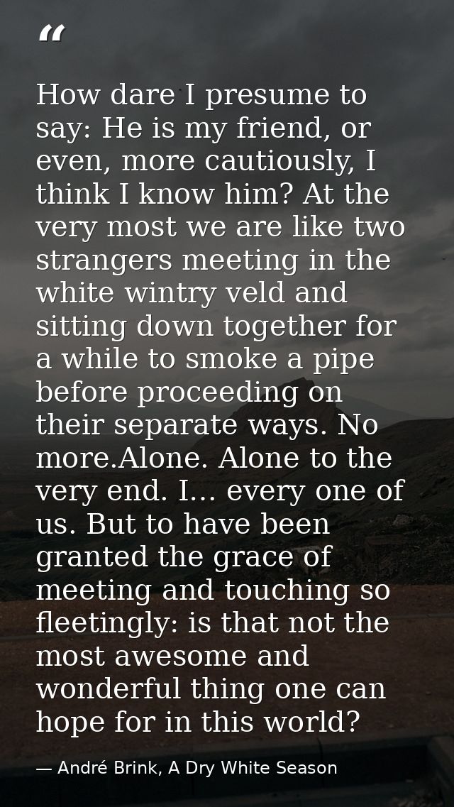 How dare I presume to say: He is my friend, or even, more cautiously, I think I know him? At the very most we are like t — André Brink, A Dry White Season