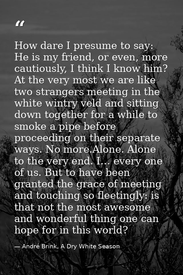 How dare I presume to say: He is my friend, or even, more cautiously, I think I know him? At the very most we are like t — André Brink, A Dry White Season