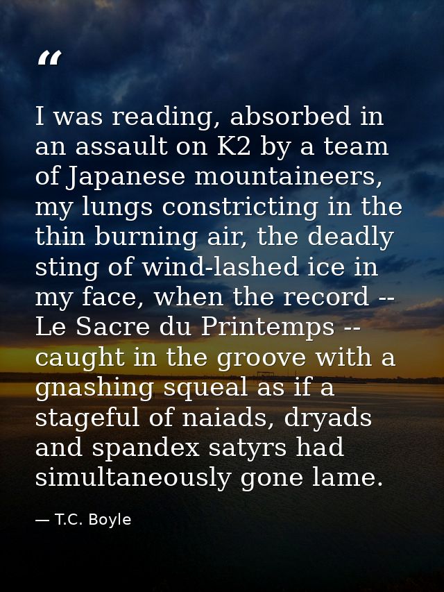 I was reading, absorbed in an assault on K2 by a team of Japanese mountaineers, my lungs constricting in the thin burnin — T.C. Boyle