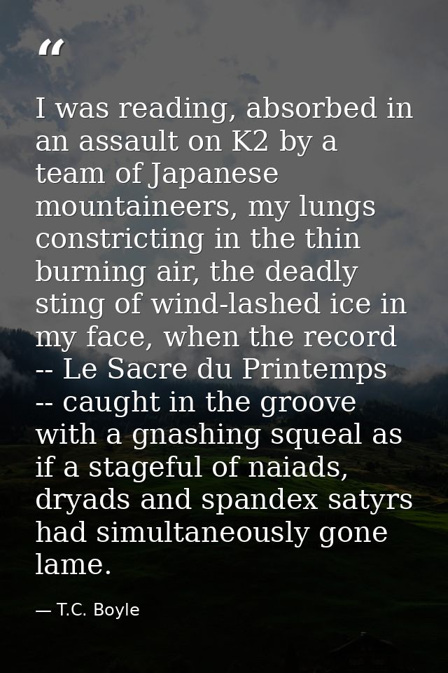 I was reading, absorbed in an assault on K2 by a team of Japanese mountaineers, my lungs constricting in the thin burnin — T.C. Boyle