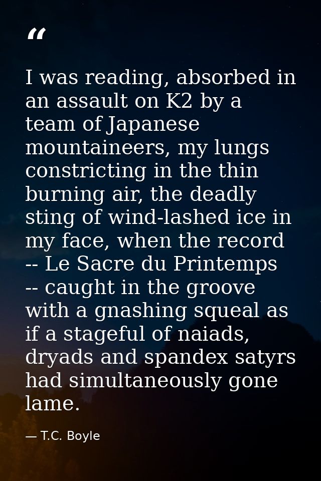 I was reading, absorbed in an assault on K2 by a team of Japanese mountaineers, my lungs constricting in the thin burnin — T.C. Boyle