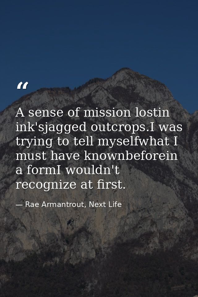 A sense of mission lostin ink'sjagged outcrops.I was trying to tell myselfwhat I must have knownbeforein a formI wouldn' — Rae Armantrout, Next Life