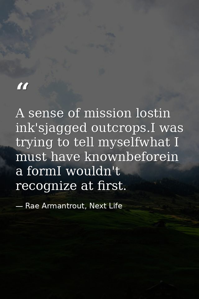 A sense of mission lostin ink'sjagged outcrops.I was trying to tell myselfwhat I must have knownbeforein a formI wouldn' — Rae Armantrout, Next Life