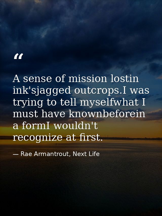 A sense of mission lostin ink'sjagged outcrops.I was trying to tell myselfwhat I must have knownbeforein a formI wouldn' — Rae Armantrout, Next Life