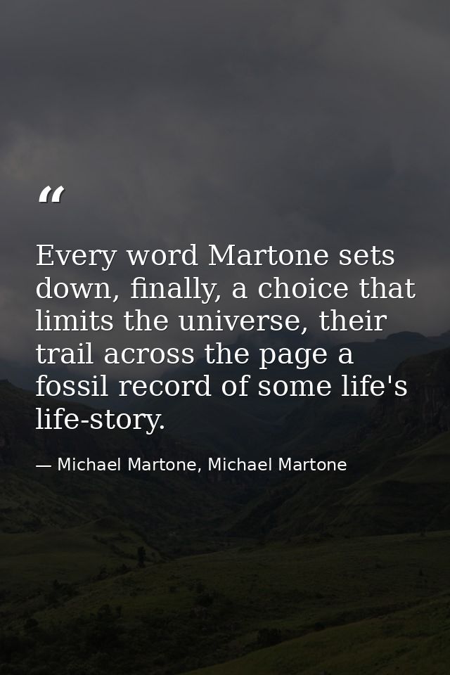 Every word Martone sets down, finally, a choice that limits the universe, their trail across the page a fossil record of — Michael Martone, Michael Martone