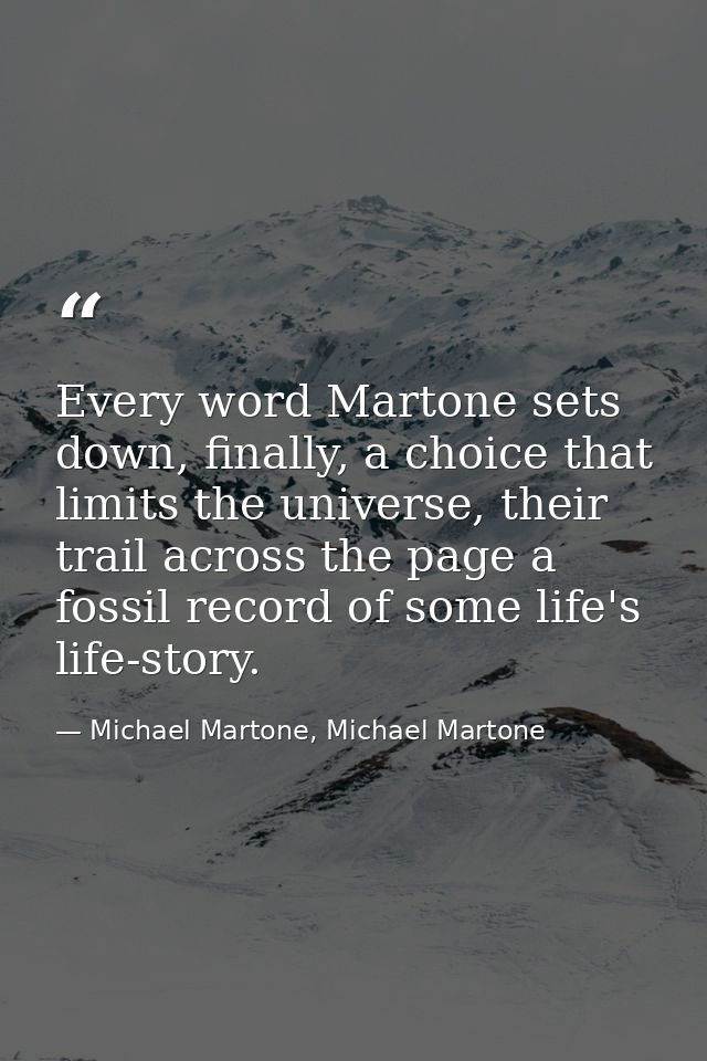 Every word Martone sets down, finally, a choice that limits the universe, their trail across the page a fossil record of — Michael Martone, Michael Martone