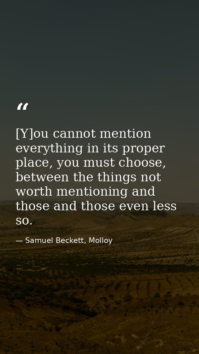 [Y]ou cannot mention everything in its proper place, you must choose, between the things not worth mentioning and those  — Samuel Beckett, Molloy
