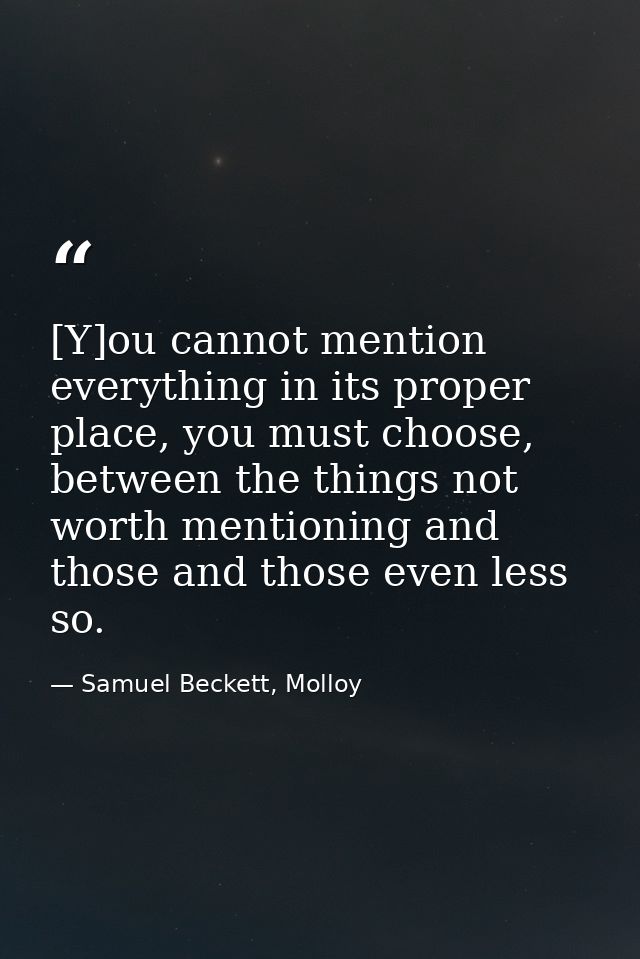 [Y]ou cannot mention everything in its proper place, you must choose, between the things not worth mentioning and those  — Samuel Beckett, Molloy