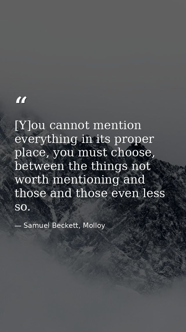 [Y]ou cannot mention everything in its proper place, you must choose, between the things not worth mentioning and those  — Samuel Beckett, Molloy