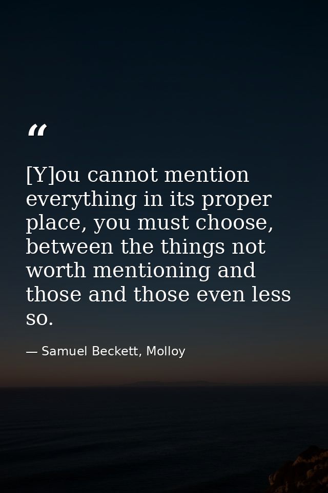 [Y]ou cannot mention everything in its proper place, you must choose, between the things not worth mentioning and those  — Samuel Beckett, Molloy