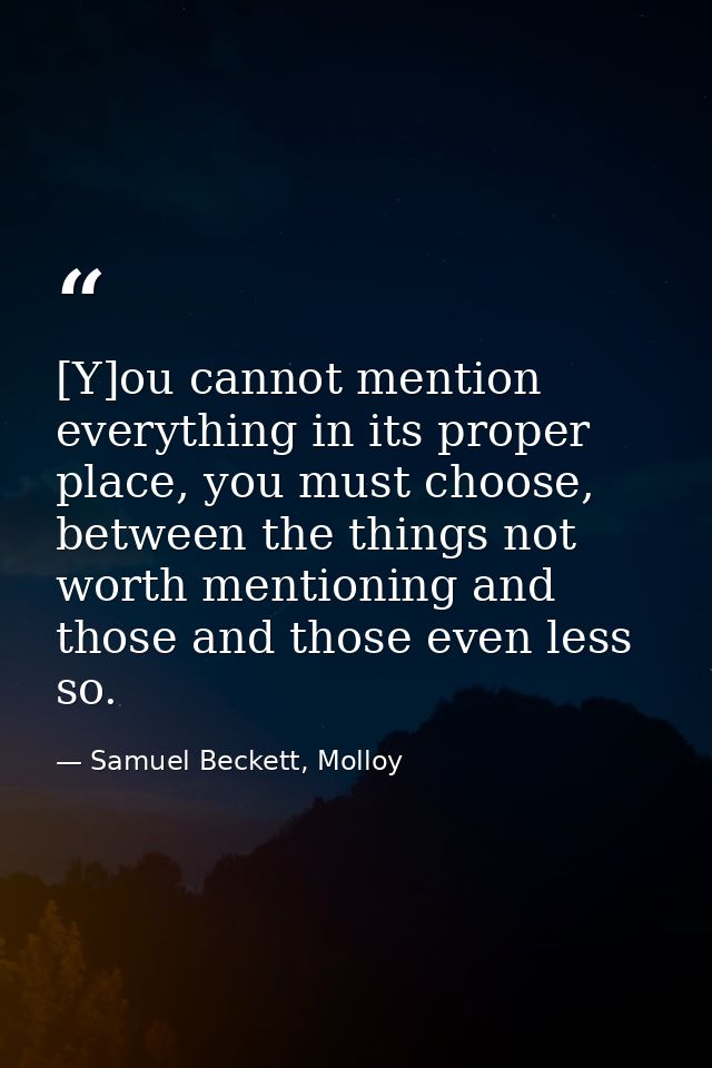 [Y]ou cannot mention everything in its proper place, you must choose, between the things not worth mentioning and those  — Samuel Beckett, Molloy