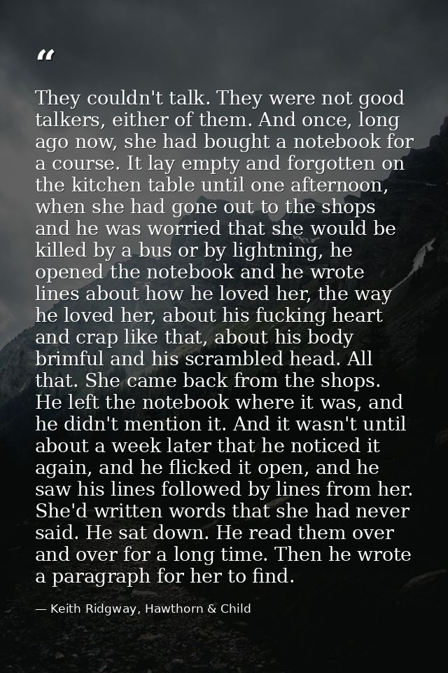 They couldn't talk. They were not good talkers, either of them. And once, long ago now, she had bought a notebook for a  — Keith Ridgway, Hawthorn & Child