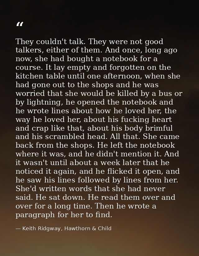 They couldn't talk. They were not good talkers, either of them. And once, long ago now, she had bought a notebook for a  — Keith Ridgway, Hawthorn & Child