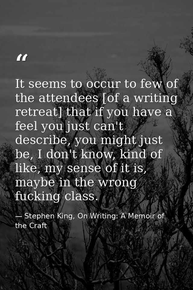 It seems to occur to few of the attendees [of a writing retreat] that if you have a feel you just can't describe, you mi — Stephen King, On Writing: A Memoir of the Craft