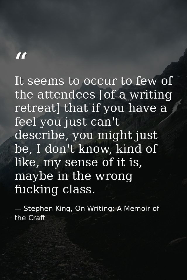 It seems to occur to few of the attendees [of a writing retreat] that if you have a feel you just can't describe, you mi — Stephen King, On Writing: A Memoir of the Craft