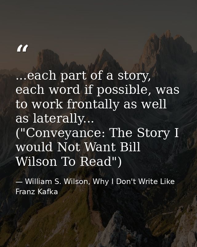 ...each part of a story, each word if possible, was to work frontally as well as laterally... ("Conveyance: The Story I  — William S. Wilson, Why I Don't Write Like Franz Kafka