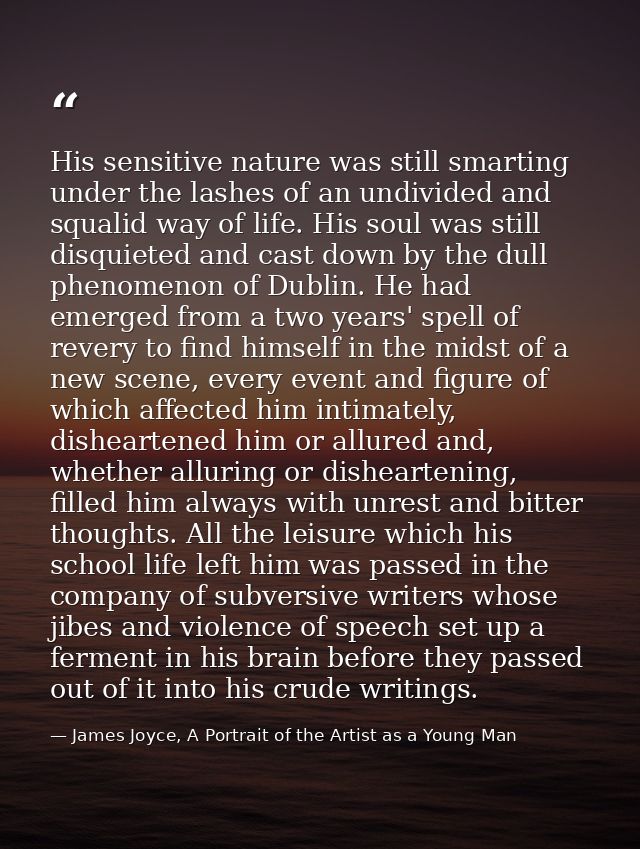 His sensitive nature was still smarting under the lashes of an undivided and squalid way of life. His soul was still dis — James Joyce, A Portrait of the Artist as a Young Man