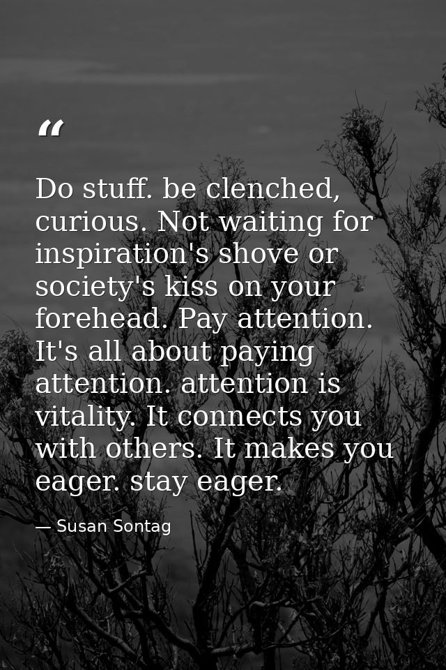 Do stuff. be clenched, curious. Not waiting for inspiration's shove or society's kiss on your forehead. Pay attention. I — Susan Sontag