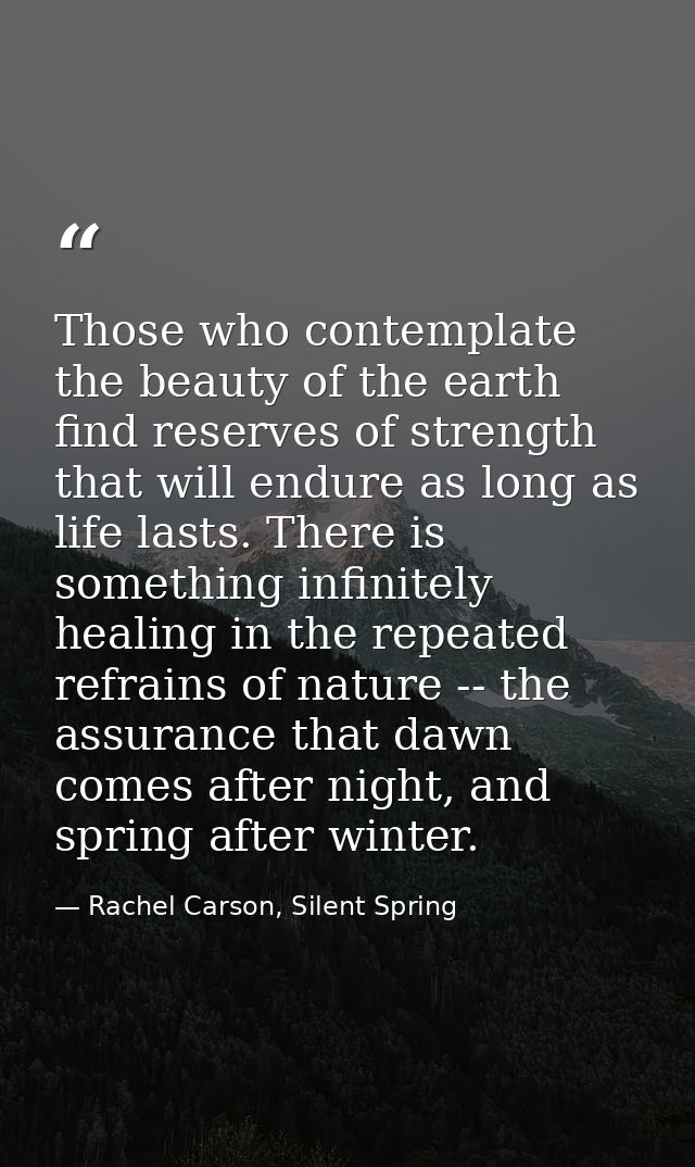Those who contemplate the beauty of the earth find reserves of strength that will endure as long as life lasts. There is — Rachel Carson, Silent Spring