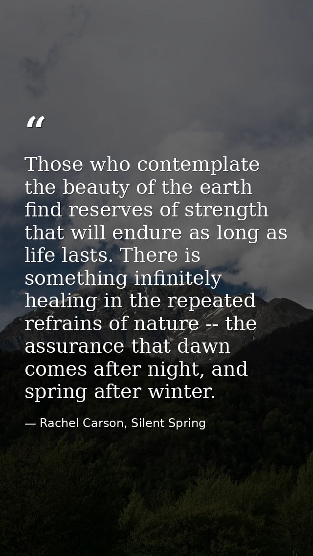 Those who contemplate the beauty of the earth find reserves of strength that will endure as long as life lasts. There is — Rachel Carson, Silent Spring