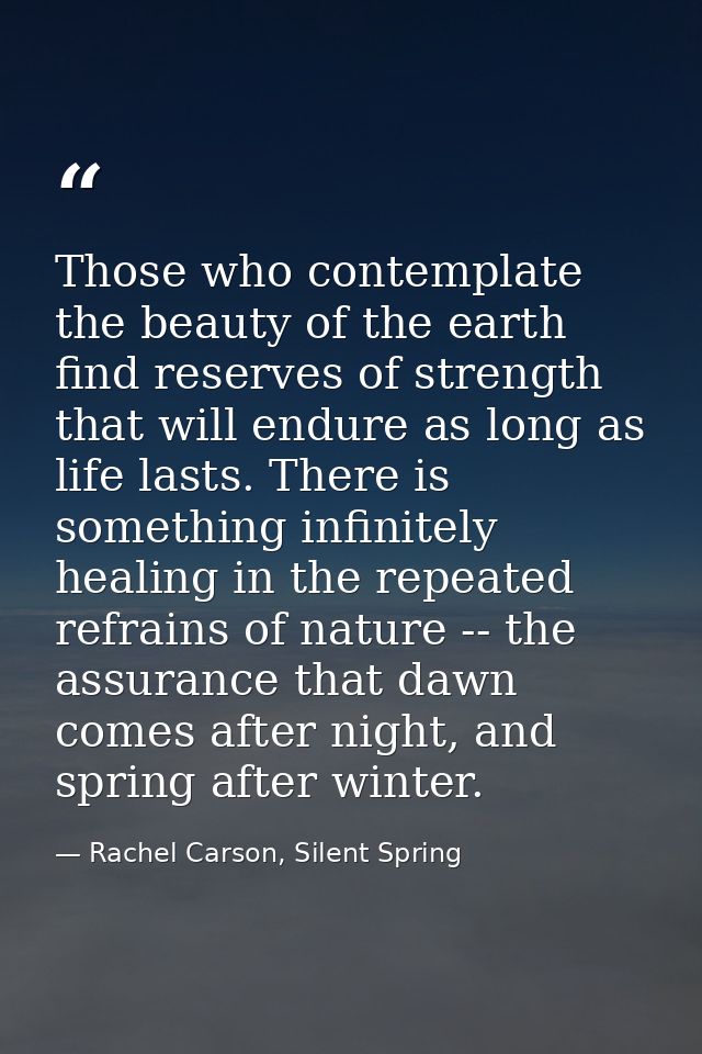 Those who contemplate the beauty of the earth find reserves of strength that will endure as long as life lasts. There is — Rachel Carson, Silent Spring