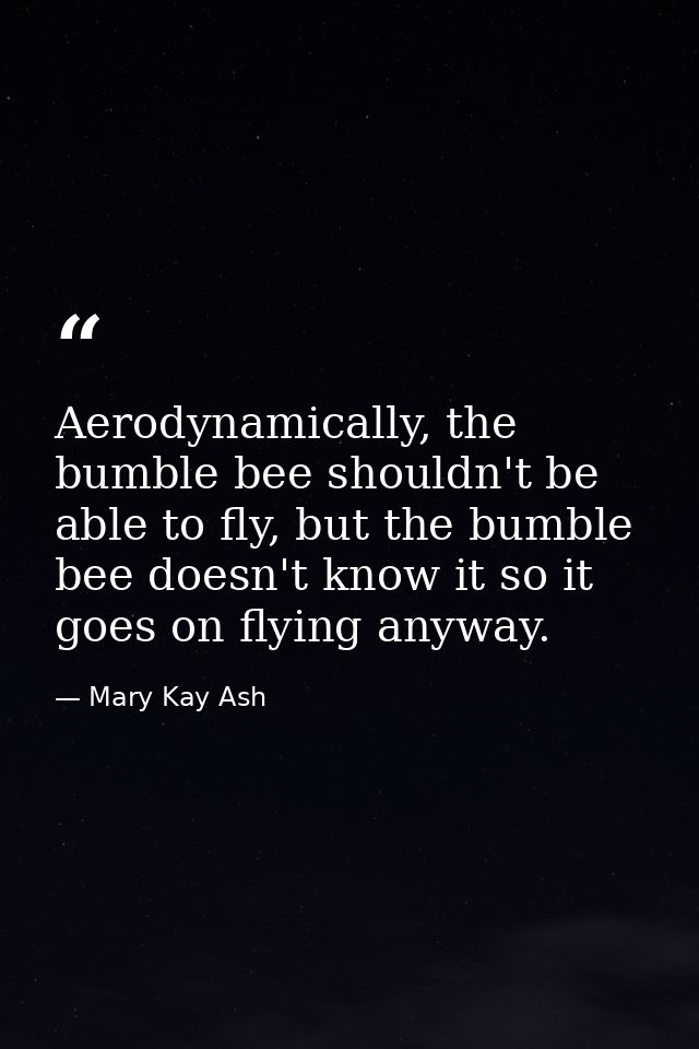 Aerodynamically, the bumble bee shouldn't be able to fly, but the bumble bee doesn't know it so it goes on flying anyway — Mary Kay Ash