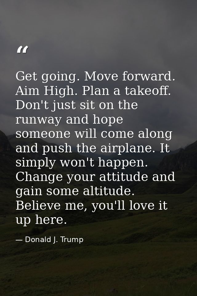 Get going. Move forward. Aim High. Plan a takeoff. Don't just sit on the runway and hope someone will come along and pus — Donald J. Trump