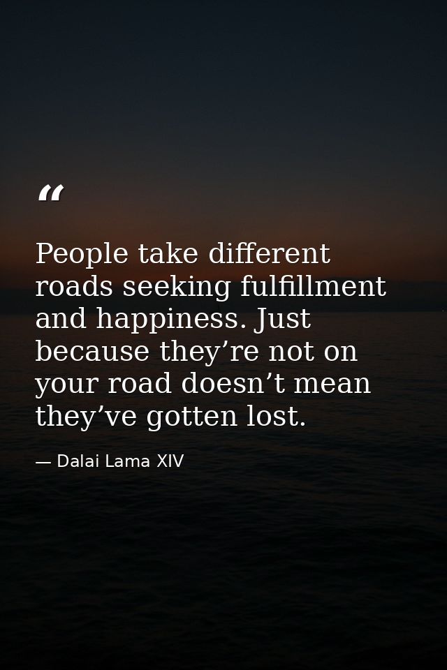 People take different roads seeking fulfillment and happiness. Just because they’re not on your road doesn’t mean they’v — Dalai Lama XIV
