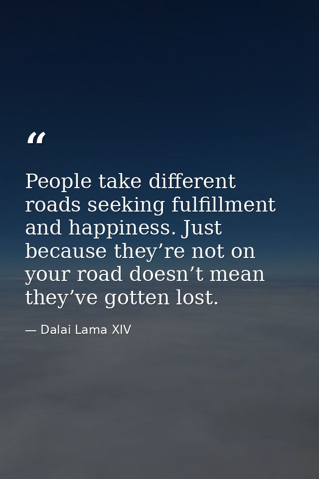 People take different roads seeking fulfillment and happiness. Just because they’re not on your road doesn’t mean they’v — Dalai Lama XIV