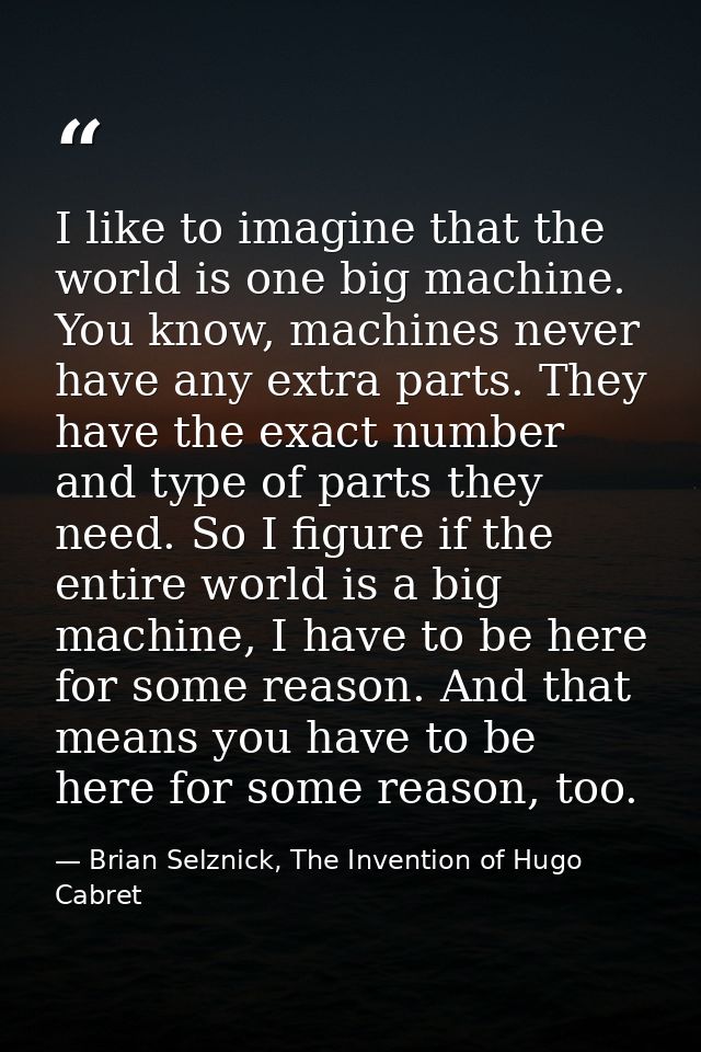 I like to imagine that the world is one big machine. You know, machines never have any extra parts. They have the exact  — Brian Selznick, The Invention of Hugo Cabret